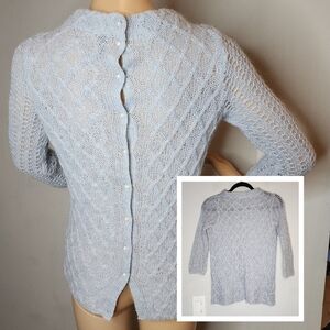 Stile Benetton Mohair Blend Grey Metallic  Pearl Button Back Knit Sweater XS